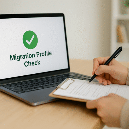 eu-migration-profile-check-digital-form Close-up of a person filling out a migration form on a clipboard next to a laptop displaying “Migration Profile Check” with a green checkmark.
